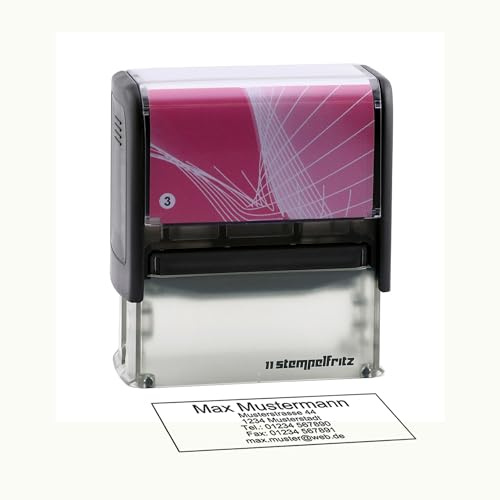 Stempel Personalisiert, Langlebiger Selbstfärbender Firmenstempel, Large | Adressstempel, Namensstempel, 58x22mm - bis zu 6 Zeilen Text, Auswahl von 4 Farben & 6 Schriftgrößen, Gehäuse Schwarz-Rosa