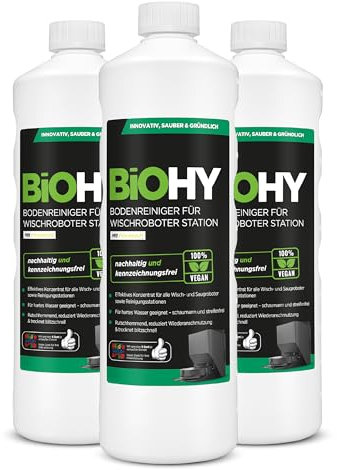 BiOHY Detergente per pavimenti per robot, stazione con profumo fresco (3 x 1 litro), detergente concentrato per tutti i tipi di pulizia e robot aspirapolvere con funzione bagnata, braccio di schiuma e