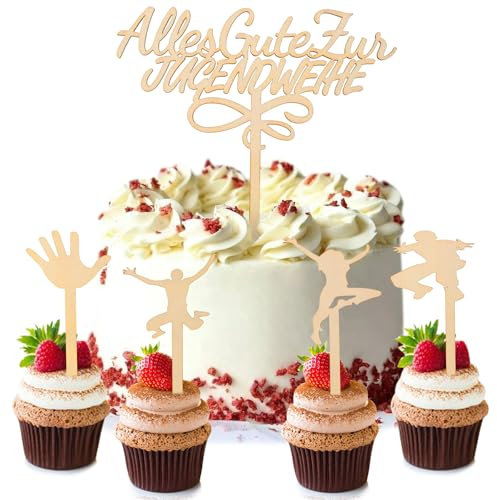 Holz Jugend-weihe Tortendeko, 5 Stück Jugend-weihe Cake Topper Deko, Tortendeko Jugendweihe Mädchen Junge, Kuchen Topper für Jugendweihe Deko (5 pcs)