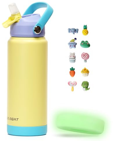 pluseight 750ml/24oz Water Bottle with Straw Lid, Stainless Steel Water Bottle Wide Fluorescent Coaster for Sports, Gym or Office, BPA-Free Keep Cold 24H Hot 12H (Yellow)