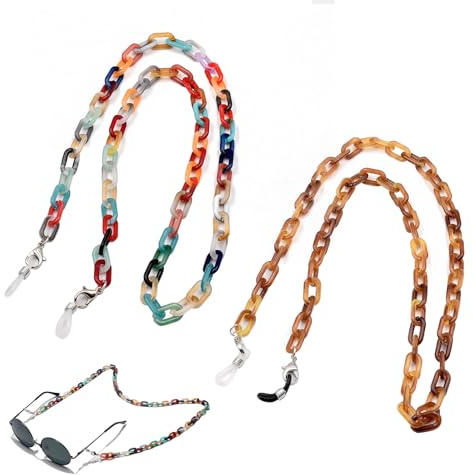 2 Stück Retro Acryl Damen Brillenketten, Acryl Sonnenbrillen Ketten 65cm | Modische Sonnenbrillenkette, für Brillenmaske Halskette Brillenzubehör, Ersatzgurt für Taschen, Leicht Brillenband Damen
