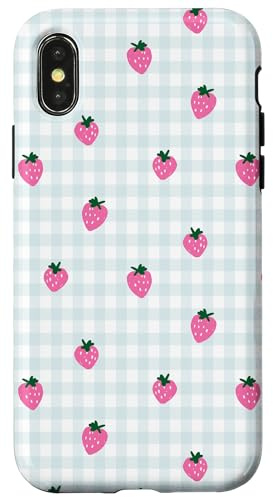 Joli motif fraise rose pastel vichy bleu kawaii Coque pour iPhone X/XS