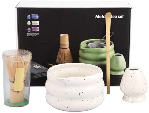 Ceramic Matcha Powder Bowl Set Elegant Japanese Matcha Kit with Ceramic Bowl Bamboo Whisk Scoop and Tea Scoop Stand for Tea Lovers Beginners (White)