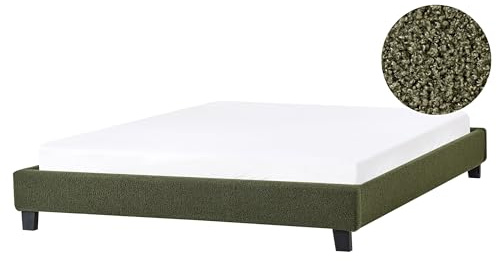 Beliani Minimalistic Modern Fabric Upholstery EU King Size Bed Frame 5ft3 Boucle Dark Green Roanne