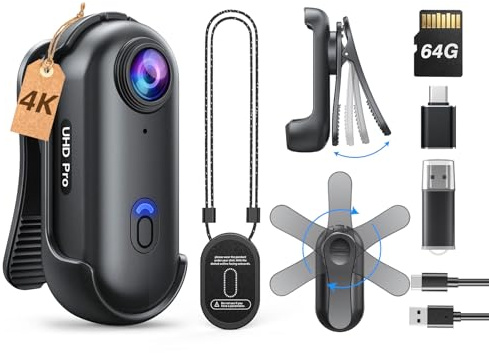BOBLOV W4 - Cámara Corporal 4K Mini Body CAM con Clip Giratorio de 360° y Clip magnético, 90 Minutos para grabación, conferencias, Viajes, Paseos con Mascotas (4K 64 GB)