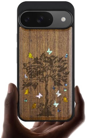 Carveit Holz Magnetisch Handyhülle für Google Pixel 9 hülle [Holzgravur & Muschel Inlay] Stoßstange Cover kompatibel Magsafe mit Pixel 9 Case（Nussbaum-Der Zentangle-Setzling）