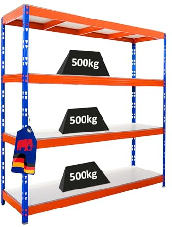 PROREGAL Profi Schwerlastregal Rhino EXTRA BREIT blau/orange HxBxT 200x200x60cm Fachlast 500kg 4X Melamin-Ebenen 16mm Garagenregal, Lagerregal, Steckregal, Weitspannregal