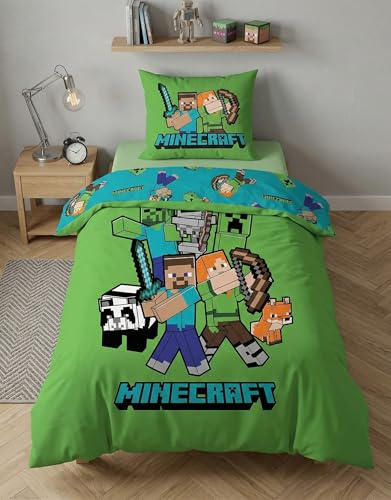 Minecraft Classic Crew Kinderbettwäsche 140x200 + Kissenbezug 65x65 Grün | Wendebettwäsche Einzelbett | Das ikonische Team vereint | Atmungsaktive Baumwolle Oeko-Tex | 6-14 Jahre