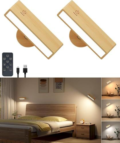 DetarZinLED Rechargeable Wall Lights,Battery Operated Wall Sconce with Remote,Rotatable Cordless Wall Lamp with 3 Color Temperature for Bedroom,Living Room,Bedside Reading（2 Pack）