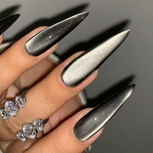 Auroriel 24 Pieces Long Stiletto Press On Nails Silver Cat Eye Glitter Design Shiny Full Cover Acrylic Fake Nails Reusable For Women Girls Daily Look
