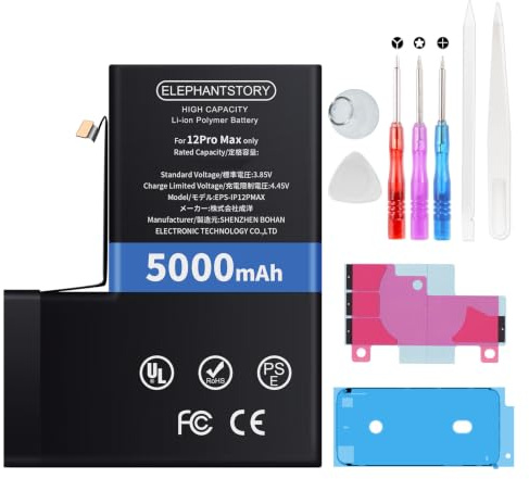 Elephantstory Batteria per iPhone 12 Pro Max, 6500mAh Alta Capacità Batteria ai Polimeri di Litio con Strumenti di Riparazione e Guida Compatibile con A2410 A2411 A2412 A2342