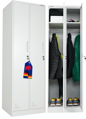 PROREGAL Spind Schrank Elephant Metall 2 Abteile, abschließbar 180x60x50cm Kleiderstange & 3 Kleiderhaken pro Abteil Lichtgrau Spindschrank Kleiderschrank Metallschrank Garderobenschrank