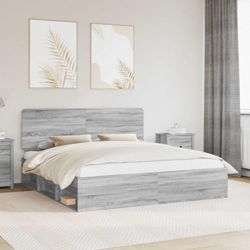 Molumvel Bettgestell 200 x 200 cm Sonoma Grau Massivholz Ehebett Doppelbett mit Kopfteil und Lattenrost für Schlafzimmer