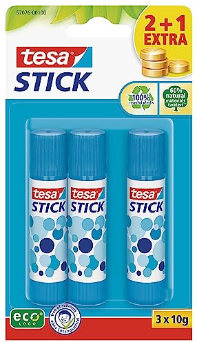 tesa Colla Stick Promo, Colla Attacca e Stacca per Carta e Cartone, Senza Solventi ed Ecologica, 3 x 10 g- Blu