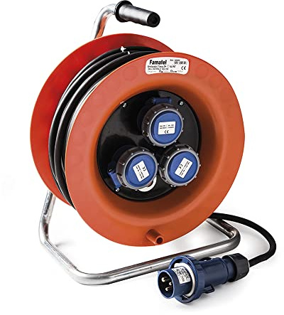 FAMATEL – Kabeltrommel IP67 3 Steckdosen | Industriell | 2P+T | 16A | 250V industrieller Stecker 2P+T 16A - 250V | Kabel Neopren | 3 x 2,5 | Ladeschalter