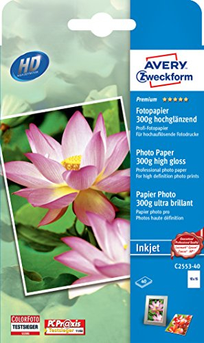 Avery Zweckform Art. C2553-40 Premium Inkjet Fotopapier (20 Blatt, 300 g/m², 10x15cm, hochglänzende Fotokarten, einseitig beschichtet, sofort trocken & wischfest, Fotoblätter für Inkjet-Drucker) weiß