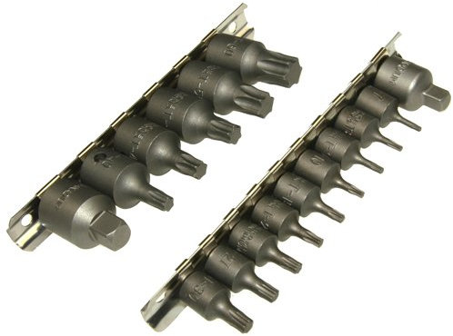 Alkan Schraubendreher-Einsätze für Innen-Torx Schrauben T-Profil T7-T60 mit 1/4 + 3/8 Antrieb Steckschlüsseleinsatz Bit-Steck-Nüsse auf Steckleiste inkl. 2 x Nuss-Adapter, 16-tlg.