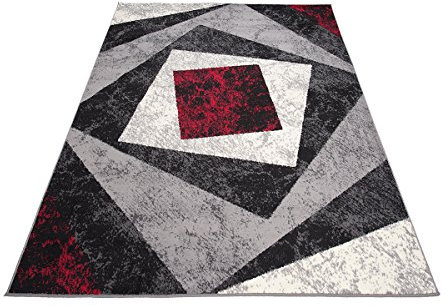 Designer Teppich mit Karo Kariert Meliert in Grau Rot Weiß - ÖKO TEX (130 x 190 cm)