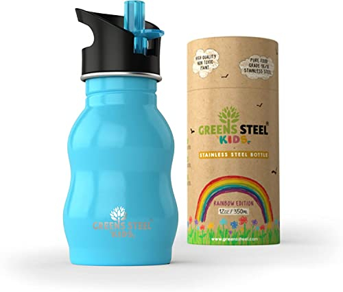 Greens Steel Botella de Acero Inoxidable para Niños - 350ml, Azul I Tapa Mejorada Contra Fugas con Pajita y Asa I Botella de Agua para Niños Sorbe Fácil I Botella Ecológica de Bebida