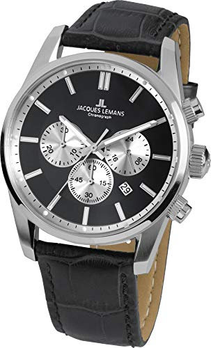 JACQUES LEMANS Herrenuhr Lederarmband massiv Edelstahl Chronograph 42-6A