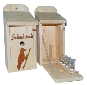 Vogelhaus Schnapsbar aus Holz Garten Geschenk Schluckspecht und Vogelmotiv