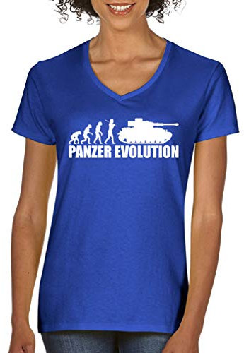 Comedy Shirts - Panzer Evolution - Damen V-Neck T-Shirt - Royalblau/Weiss Gr. XXL