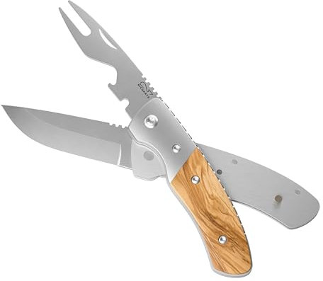 RICHARTZ LEO PICKNICK olive | Camping Messer mit praktischer Gabel | Griff aus Olivenholz | Feststellbare Klinge mit Back-Lock-Verriegelung | Klappbesteck aus rostfreiem Edelstahl | Camping Besteckset