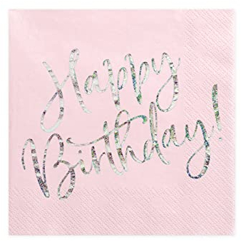 PartyDeco Lot de 20 serviettes de table Happy Birthday Rose poudré clair 33 x 33 cm