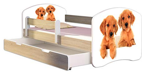 Kinderbett Jugendbett mit einer Schublade und Matratze Sonoma mit Rausfallschutz Lattenrost ACMA II 140x70 160x80 180x80 (39 Welpen, 180x80 + Bettkasten)