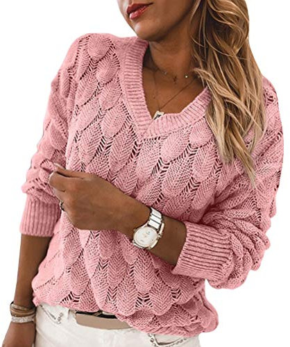 Onsoyours Femme Hiver Pull Pas Cher A La Mode Chaud Col V en Tricot Chandail Chemises À Manches Longues Sexy Solide Sweater Pullover Blouse Rose M