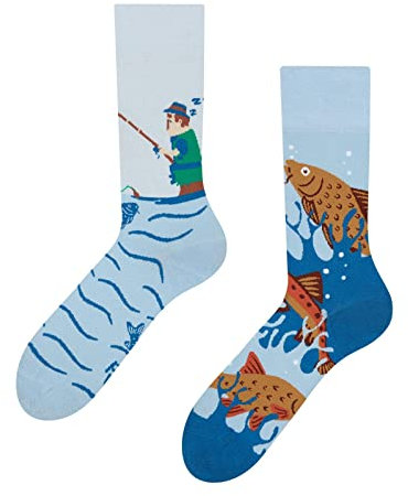 Dedoles Socken Regular normale Höhe Unisex Damen Herren Baumwolle viele lustige Designs Weihnachtssocken 1 Paar, Farbe Blau, Motiv Fischerei, Gr. 43-46