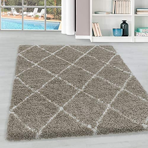 Hochflor Wohnzimmer Teppich Modern Deko Geometrisch Design Flauschiger & Weicher Langflor Shaggy Rechteckig Teppich Schlafzimmer Farbe: Beige, Grösse: 120 x 170 cm