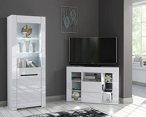 Furneo High Gloss & Matt White Living Room Set – Corner TV Stand & Display Cabinet, White LED Lights