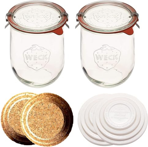 Weck Tulip Jars - Sour Dough Starter Jars - Large Glass Jars for Sourdough - Starter Jar with Glass Lid - Tulip Jar with Wide Mouth - Weck Jars 1 Liter Includes Cork Lid & Keep Fresh Cover (2)