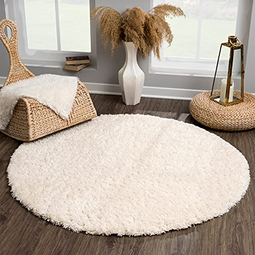 SANAT Porto Shaggy Wohnzimmer Teppich - Hochflor Zottel-Teppiche für Wohnzimmer, Schlafzimmer, Küche, Flure, Kinderzimmer - Leicht Zu Reinigen, Superweich, Modern Teppich Creme 80 cm Rund