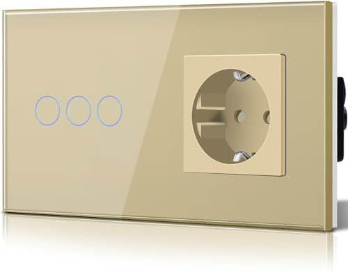 BSEED Interruptor Tactil luz pared,Vidrio Panel con luz Piloto,Sin Función Wifi,3 Gang 1 Vía,157mm Oro