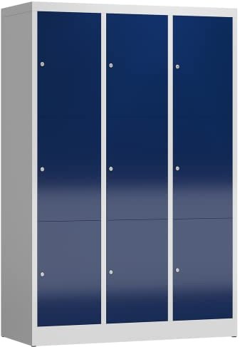 Lüllmann XL Spind Kleiderspind 3 Abteile 9 Fächer 1800 x 1200 x 500 mm (RAL 7035/5010 lichtgrau/enzianblau)