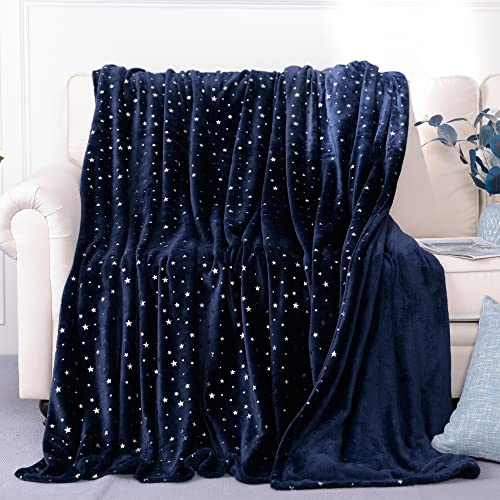 Stellhome Marineblaue leichte Überwurfdecke, ultraweich, dick, Flanell-Stern-Foliendruck, Fleece-Bettdecke für Sofa, Couch, Doppelgröße, 203,2 x 165,1 cm
