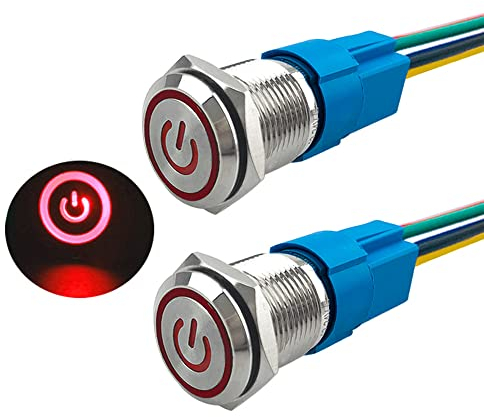 Aiqeer 2 Pezzi 16 mm Interruttore a Pulsante Autobloccante, 12V / 24V 5A Interruttore di Accensione per Auto, Interruttore a Pulsante in Metallo con Presa Precablata (LED Rosso)