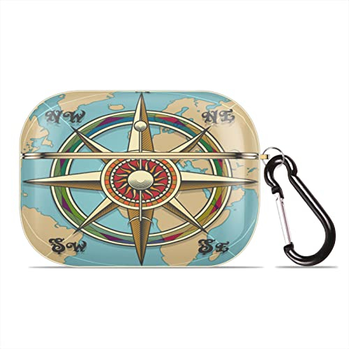 Vintage Compass and Map Airpod Case Cover with Keychain Full Body Protective Hard ShellClassic Pattern Compatible with Apple AirPods Pro Charging Case (Gold)