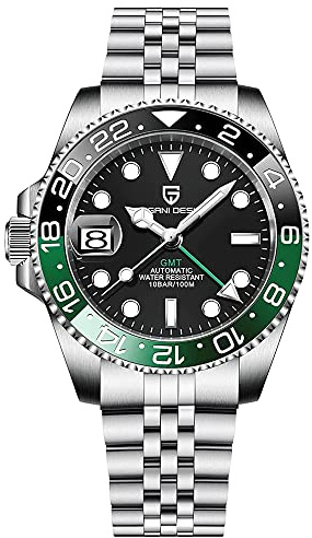 CADISEN Pagani Design GMT Herren-Armbanduhr, mechanisch, vollautomatisch, 40 mm, Datum, 100 m, wasserdicht, Edelstahl, wasserdicht, drehbar, Keramik-Lünette, Sportuhr für Herren