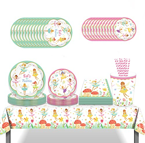 ZOOMPIL Fee Partygeschirr Set, Fee Geburtstag Ggeschirr, 70 Stück Partyzubehör Geschirr Kit, inklusive Pappteller, Servietten, Becher, Strohhalme, Tischdecken für Kindergeburtstag für 8 Gäste