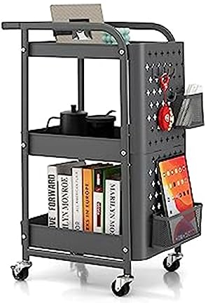 GOPLUS Carro Enrollable de 3 Pisos, Carro de Herramientas con 2 Placas de Ranuras, 2 cestas 4 Ganchos Desmontables, Carrito de Metal móvil sobre Ruedas, Carrito de Servicio para Cocina, Estudio
