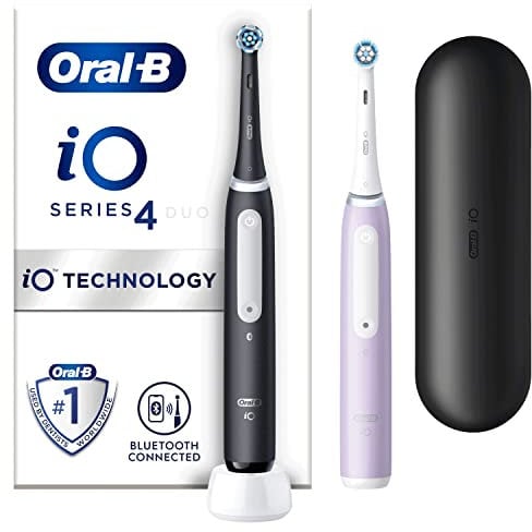 Oral-B iO4 2x Electric Toothbrushes For Adults, 2 Toothbrush Heads, Travel Case, 4 Modes With Teeth Whitening, 2 Pin UK Plug, Black & Lavender