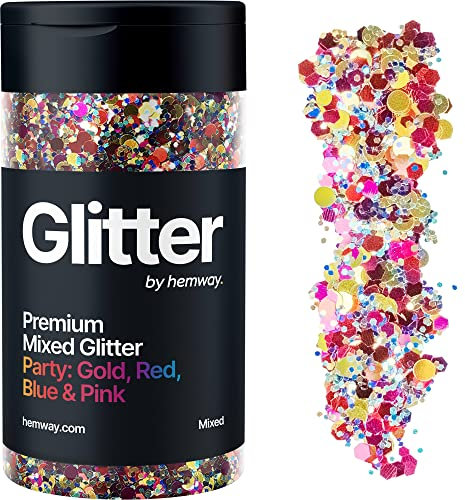 Hemway Premium Glitter Shaker - Party Mix Gold Red Blue Pink | Mixed Size Metallic Flake Sequins for Resin & Epoxy Crafts | Craft Supplies for Tumblers, Festival, Hair, Face, Body & Nail Art | 105 g