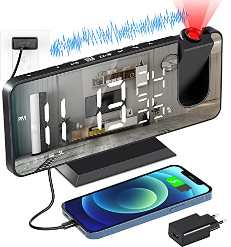 Despertador Proyección,Radio Despertador Digital con Proyección de 180° Giratorio, Reloj Proyección Digital con Alarmas Dobles, Reloj Proyector Techo,FM Radio,Función Snooze,12/24 Horas, Carga USB