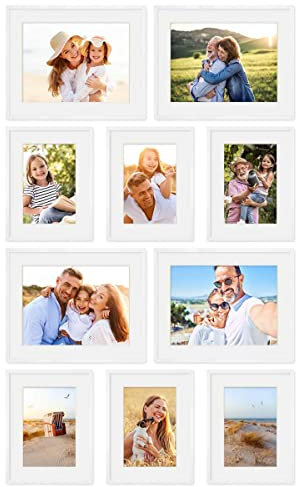 PHOTOLINI weiße Bilderrahmen Set verschiedene Größen, 10 MDF Holz Bilderrahmen mit Passepartout, Bilder Rahmen mit Acrylglas, Bilderrahmenset zum Aufhängen, Fotowand Fotorahmen Set & Zubehör