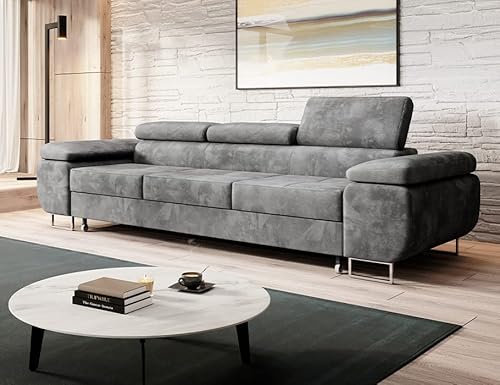 Sofa mit Schlaffunktion - Ecksofa fur 3 Personen - NORBERG - Bequem Schlafsofa - L-Form - Modern Couch 276x98x87 cm - Grau - Monolith 85 - MODERNO