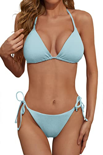 Zuvebamyo Damen Zweiteiliges Bikini Badeanzug Set – Sexy RIPP-Optik Triangle Top, Badeanzüge mit Bindebändern, Cheeky Bikini Sets, Babyblau, Large