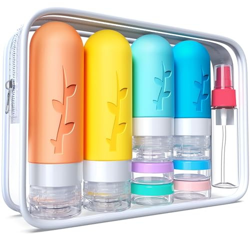 Reiseflaschen für Toilettenartikel aus Silikon, TSA-zugelassen, auslaufsicher, nachfüllbar, für Shampoo und Spülung, 18 Stück